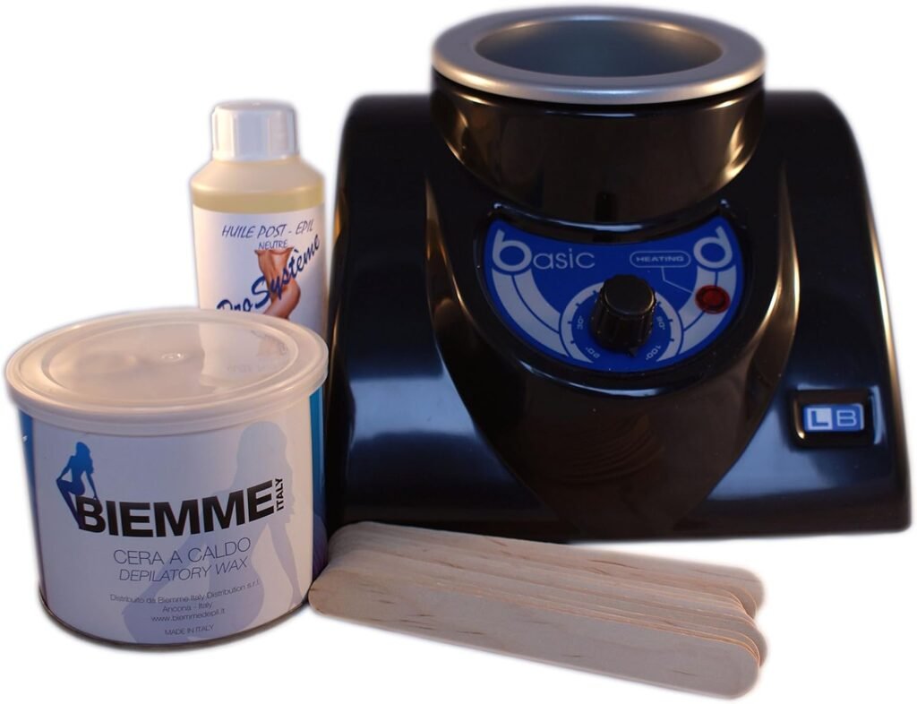 Kit d'épilation complet à la cire chaude EpilWax - Pot de 400 ml Sans Bandes Kit d'épilation professionnel avec chauffe-cire grande cuve Livré avec 1 huile après épilation, 1 pot de cire pelable sans bandes et 10 spatules pour le corps