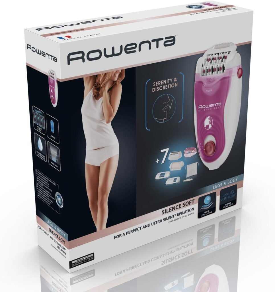 Épilateur ROWENTA EP5660 Silence Soft - Épilation silencieuse pour jambes - Technologie Micro-Contact - 7 accessoires inclus - 4,8W - 220-240V - Violet/Blanc