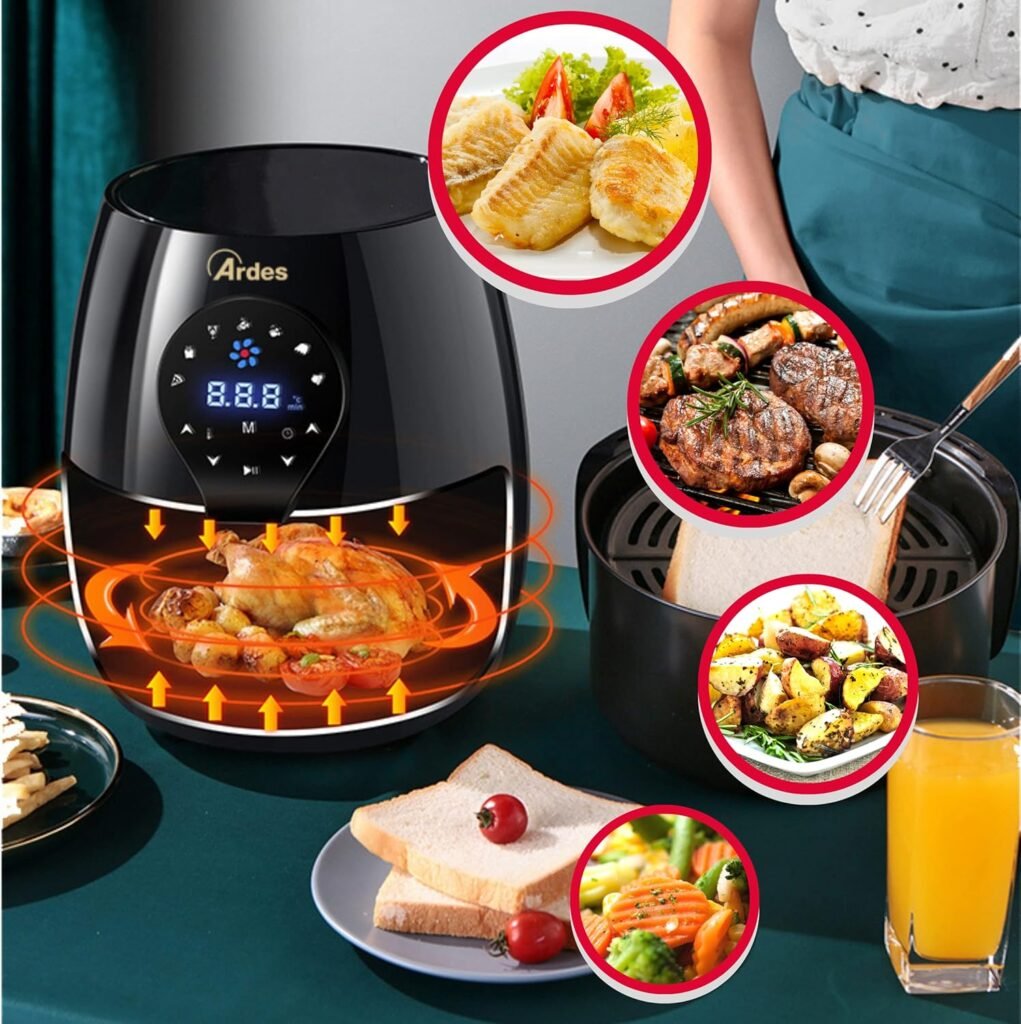 Friteuse à air chaud ARDES AR1K33 - Capacité 5 litres, affichage numérique et minuterie 60 minutes, température max 200°C. Eldorada Maxi en noir.