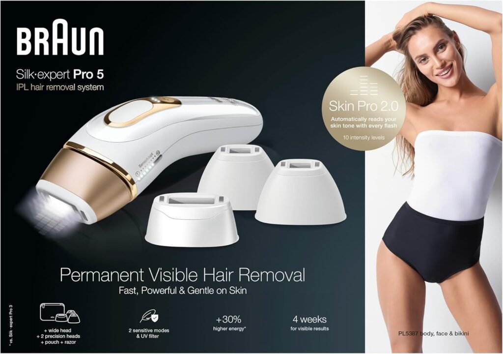 Epilation permanente visible avec Braun IPL Silk-Expert Pro 5, cadeau parfait pour femme, avec pochette et rasoir Venus. Alternative à l'épilation au laser. Commandez maintenant en blanc/doré.