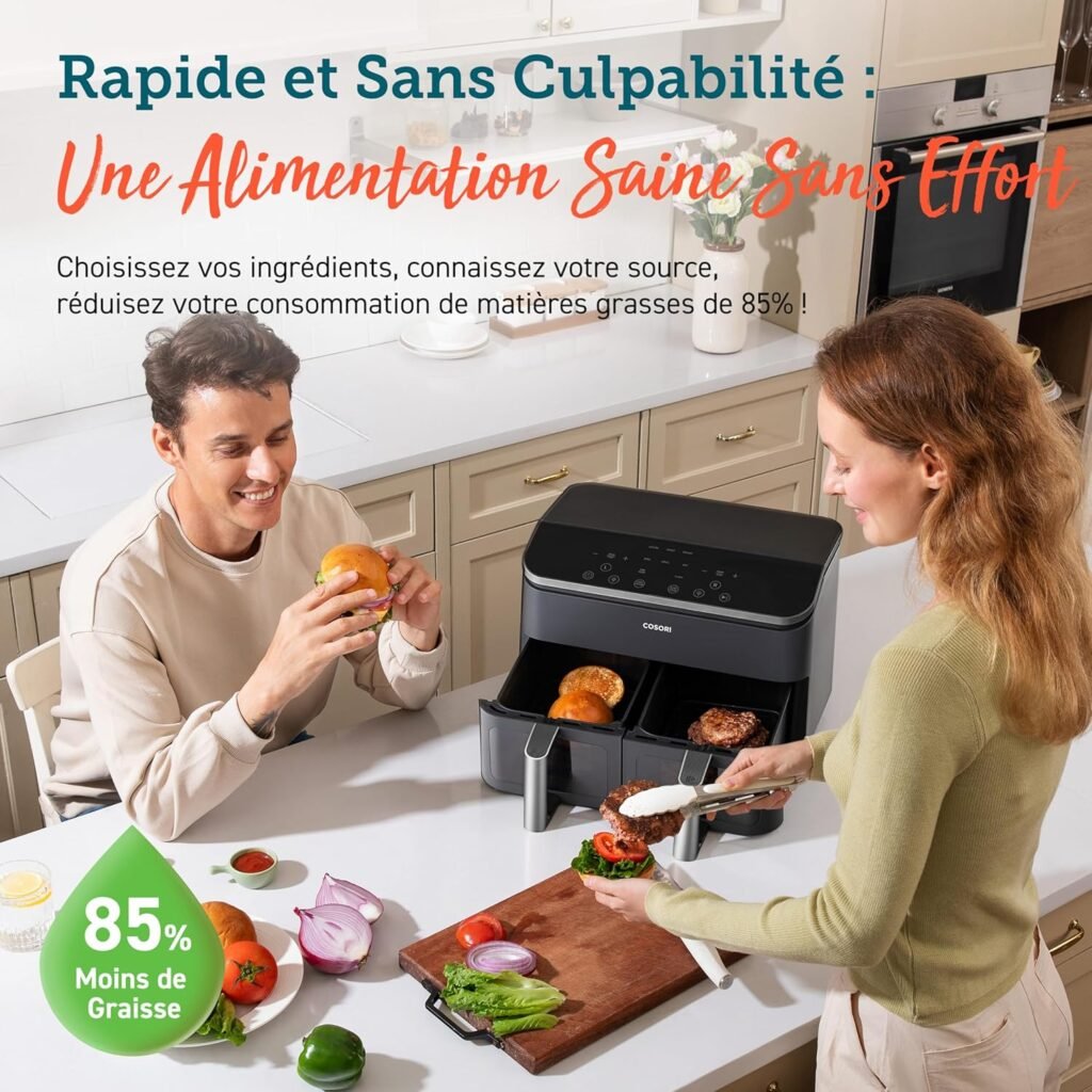 COSORI Air Fryer 2 Compartiments 8.5L, Dual Friteuse Sans huile - 55% d'Énergie en moins - Avec fênetre visible - 230 Degré Celsisus Maximale - Sync Finish et Cook - 85% Moins de Graisse