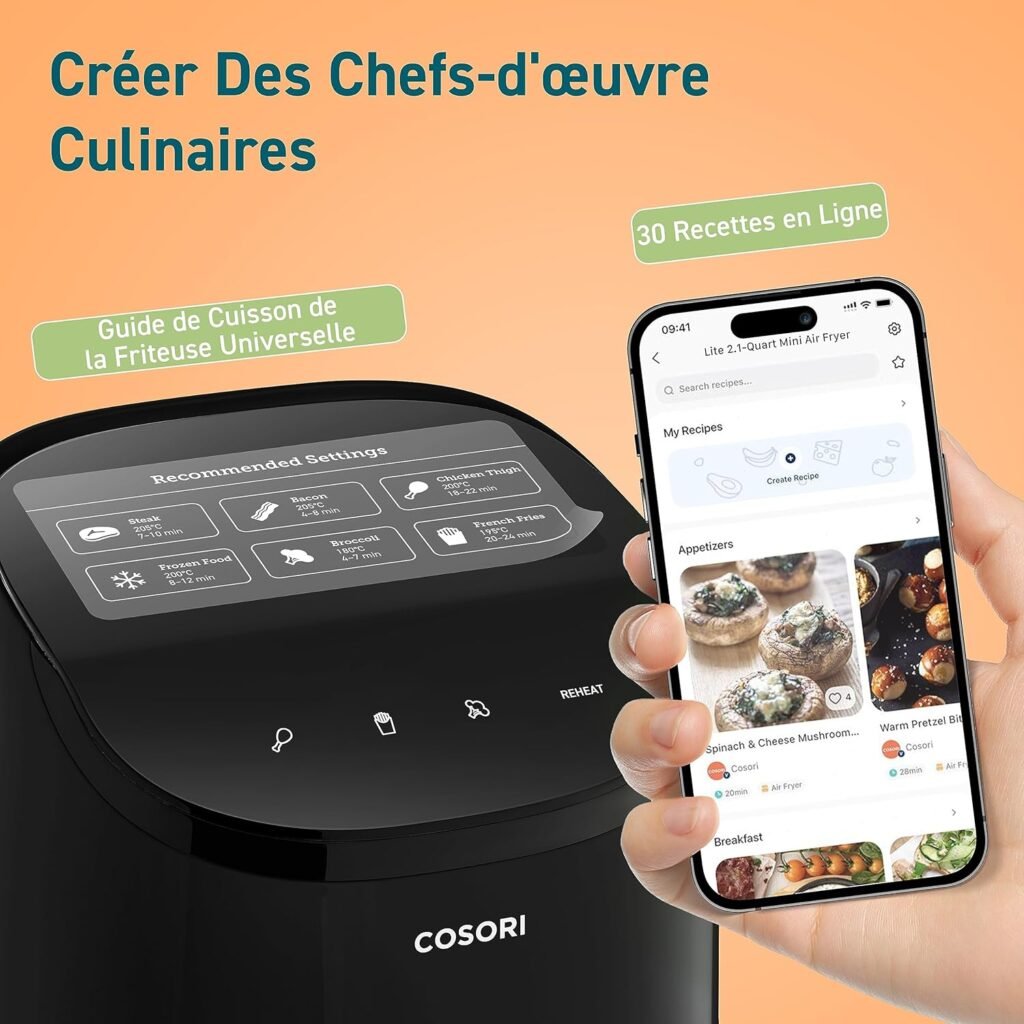 Friteuse à Air COSORI 2L, 75-205 ℃, Friteuse sans Huile avec 30 Recettes en Ligne, 900W, 97% d'Huile en Moins, Passe au Lave-vaisselle, CAF-211 Noir
