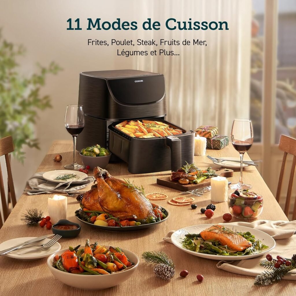 "Friteuse à air COSORI 5.5L, 1700W - Réduisez l'énergie de 55% - Avec 13 fonctions, 205 ℃ Max et 60 min - Viande croustillante et tendre - Cuisson, rôtissage et grillade - Livré avec 100 recettes"