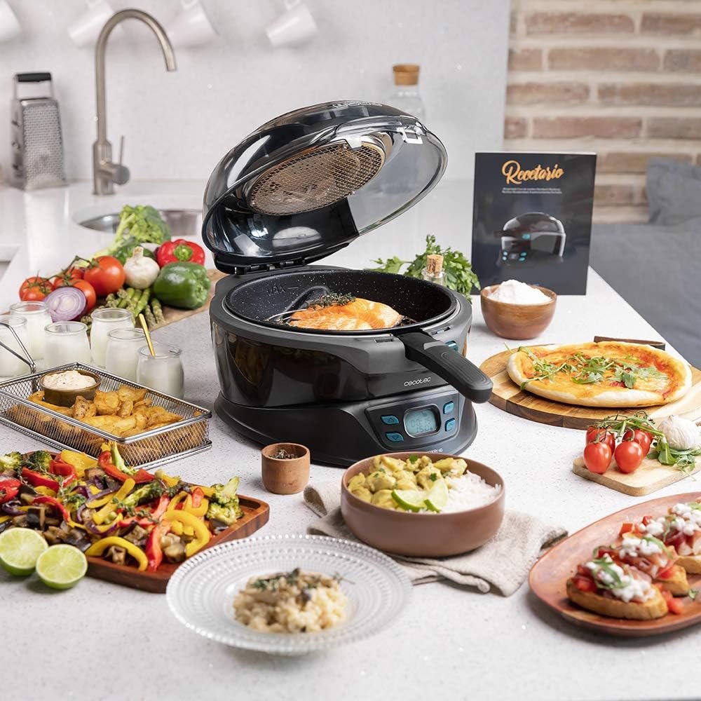 Friteuse sans huile diététique TurboCecofry 4D Healthy de Cecotec - Système de cuisson 360o, 8 programmes préconfigurés, température réglable. Cuve avec revêtement céramique tricouche.