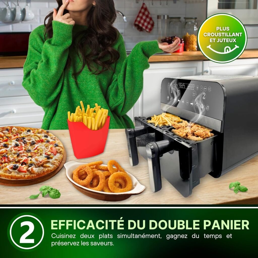 Friteuse à air chaud, Air Fryer, numérique double panier 2400W 9L, cuisson saine et rapide, design moderne, facile à utiliser - Noir