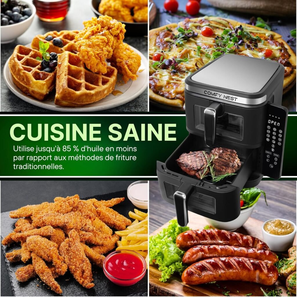 Friteuse à air double panier 11L avec 12 programmes de cuisson - Air Fryer Technologie de circulation d'air rapide et écran tactile LED Taille : 11L, Couleur : Noir Découvrez le confort ultime avec le Comfy Nest