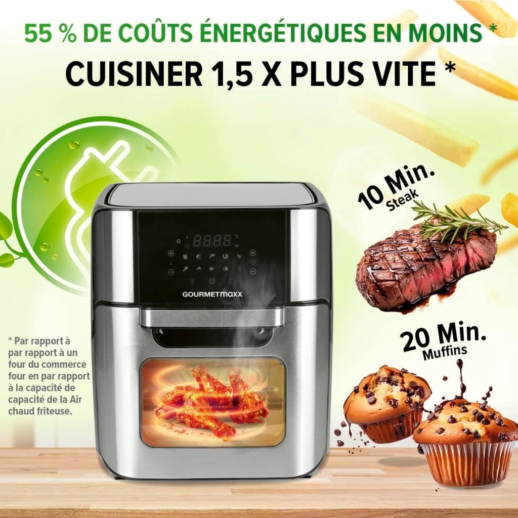 Friteuse à air chaud GOURMETmaxx 12 L en inox | Airfryer numérique XXL avec tournebroche et écran tactile | Friture faible en matières grasses, économique en énergie | 10 programmes incluant pizza
