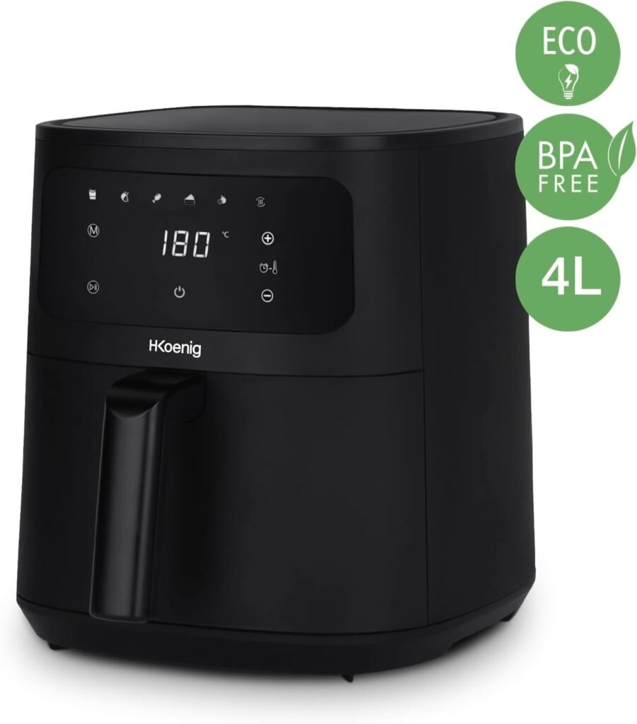 Friteuse sans Huile Airfryer H.Koenig FRY840 - Capacité 4L - Jusqu'à 6 personnes - Réglable 80-200°C - 5 Modes de Cuisson - Minuteur 60min - 5 Programmes - Écran Tactile - Couleur Noire