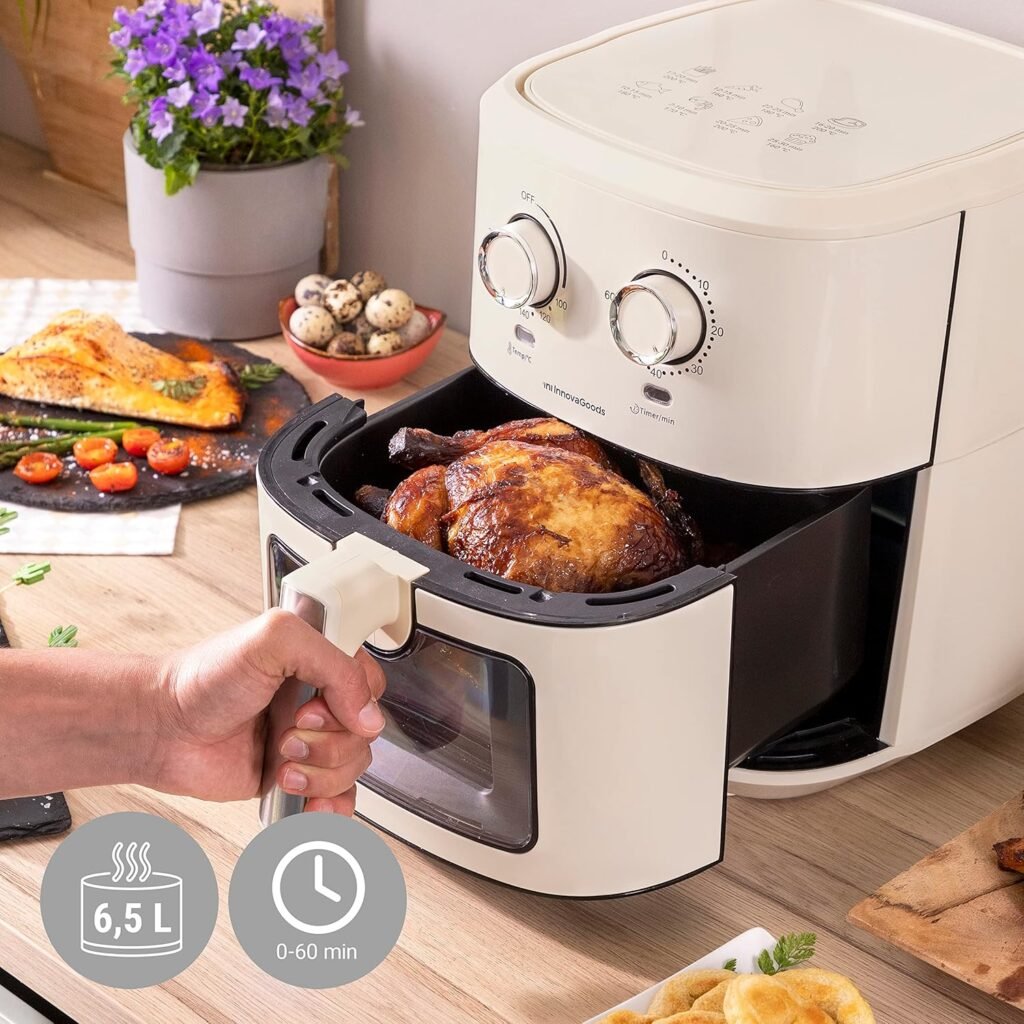 Friteuse sans huile InnovaGoods® air fryer Vintage 6,5L 1700W avec +100 recettes. Friteuse électrique avec fenêtre, panier antiadhésif, minuterie et flux d'air à 360°. Idéale pour 4-6 personnes.