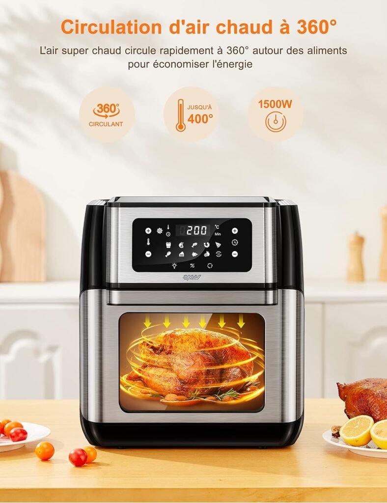 Innsky Friteuse Sans Huile 10L, Air Fryer 1500W, Mini-four 10 en 1 avec Rôtissoire et Déshydrateur, Friteuse à Air Chaud avec Affichage LED, 6 Accessoires et Livre de 32 Recettes - Acier Inoxydable - Image du produit