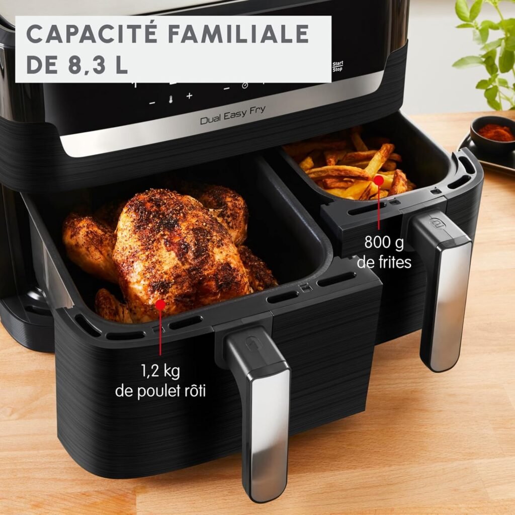 Friteuse Moulinex Air Fryer Deux Compartiments, Grande Capacité 8,3L, 8 Personnes, 7 Programmes Automatiques, Friteuse Sans Huile, Ecran Tactile Digital, Dual Essential Inox, EZ901820, Noir