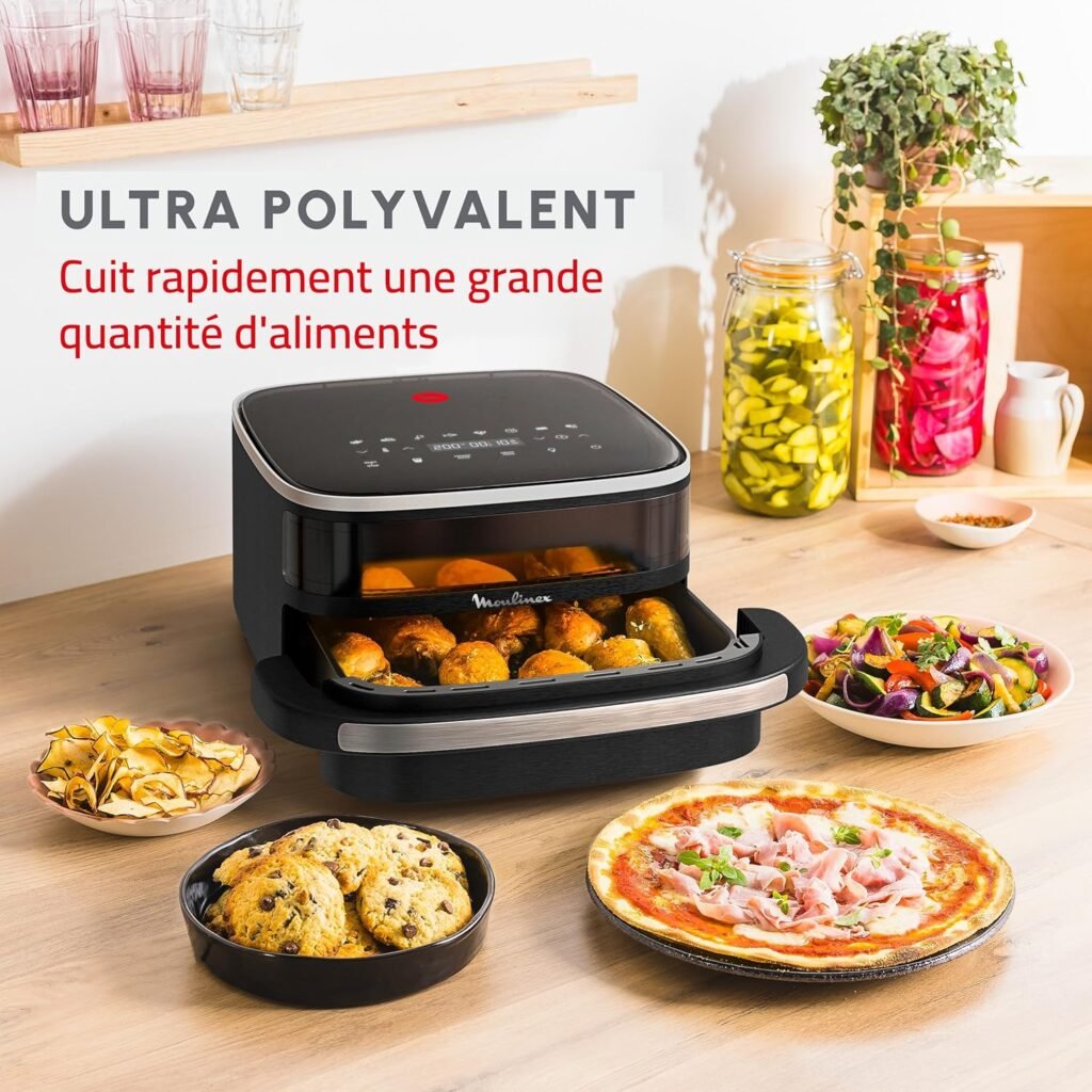 Moulinex Easy Fry XL Surface & Pizza 4L, Air fryer, Très grande surface de cuisson, Compact, Fenêtre de visualisation, Noir, AL4018F0 - Image du produit parfait pour des frites croustillantes et une pizza délicieuse.