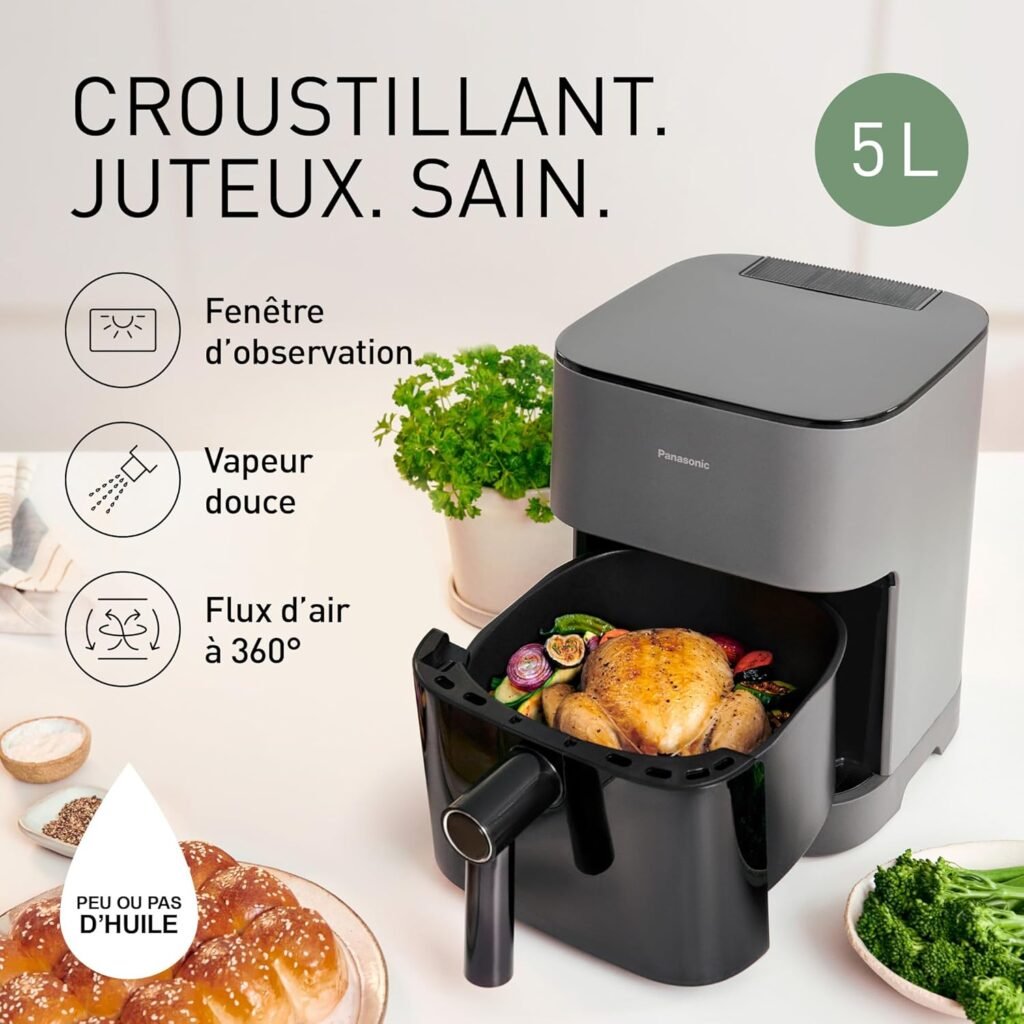 Friteuse sans huile Panasonic NF-CC500SXE AirFryer, 5L, 80-200°C, Minuterie Numérique et Écran LCD, Vapeur Douce, 11 Préréglages, Nettoyage Facile, Gris Mat