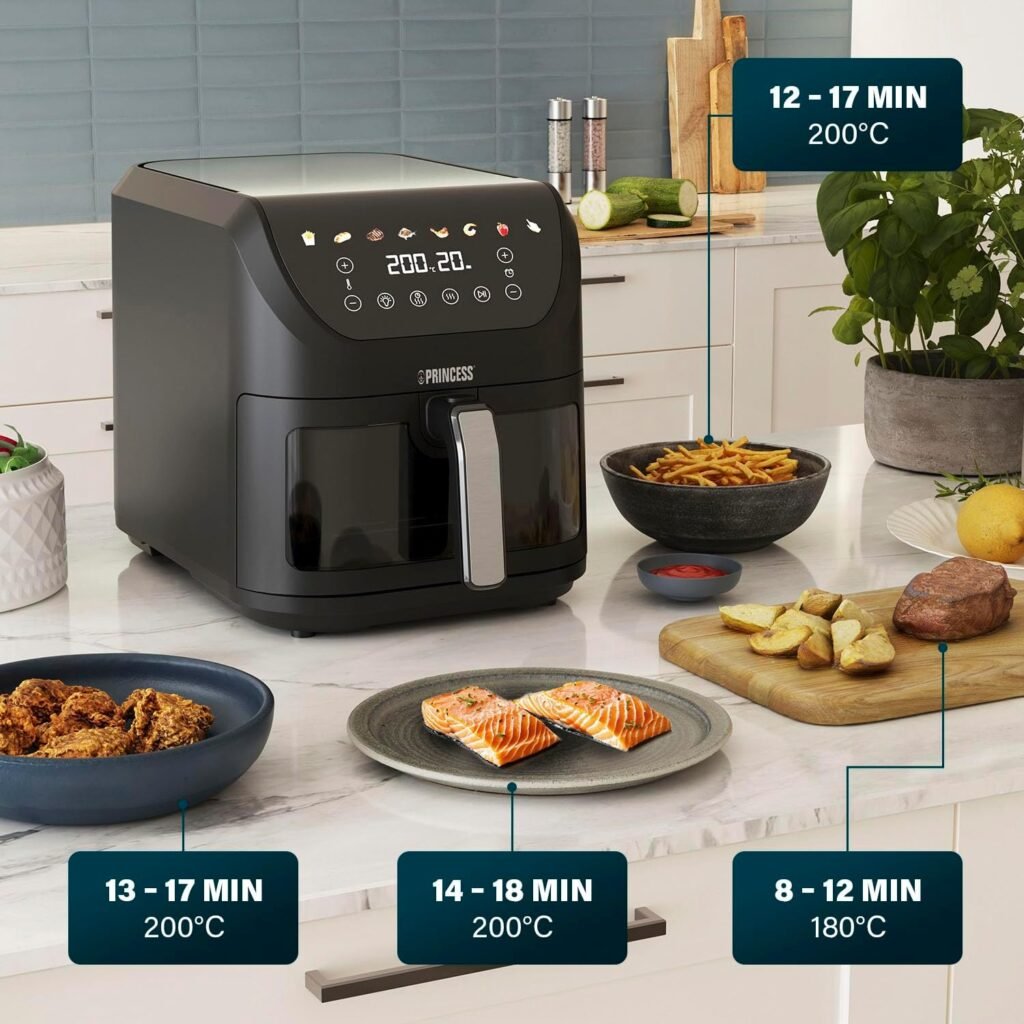 Princess SlimFry Airfryer 8L 2000W 8 Programmes Écran Tactile Digital Température Réglable Fenêtre de Visualisation Arrêt Automatique Panier Lavable 182257