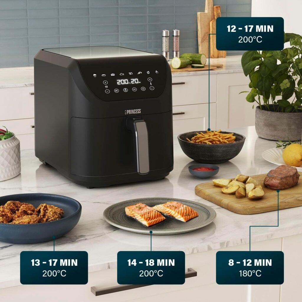 Friteuse sans huile Princess SlimFry - Design compact - Sans BPA - Capacité de 8 L - 8 programmes - Température & minuterie ajustables - Puissance de 2 000 W - Référence 182256, couleur Noir