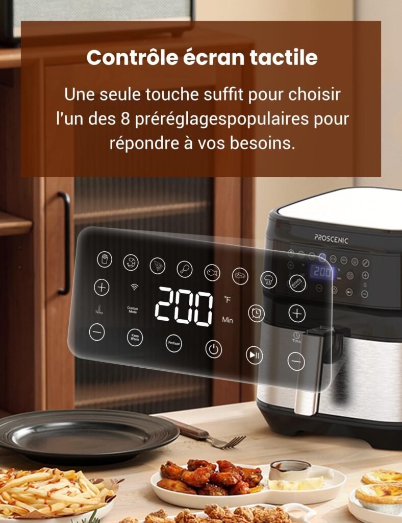 Friteuse à air Proscenic T21 sans huile 5,5L, écran LED tactile, commande intelligente par APP&Alexa, 8 programmes prédéfinis, multiples recettes, minuteur, préchauffage