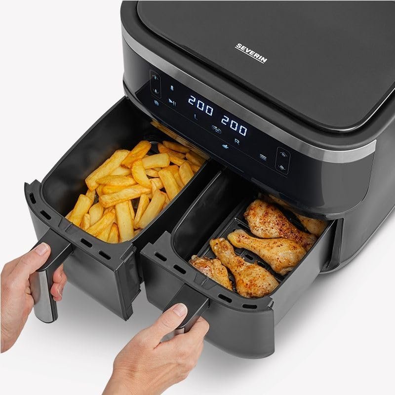 SEVERIN Friteuse à air chaud 2 850 W, Friteuse sans huile avec technologie à air chaud et 2 paniers de 3,25 litres chacun, Multicuiseur avec Fonction Déshydratation, Noir, FR 2453 - Vue d'ensemble du multicuiseur sans huile SEVERIN FR 2453 avec technologie à air chaud et deux paniers de 3,25 litres chacun.