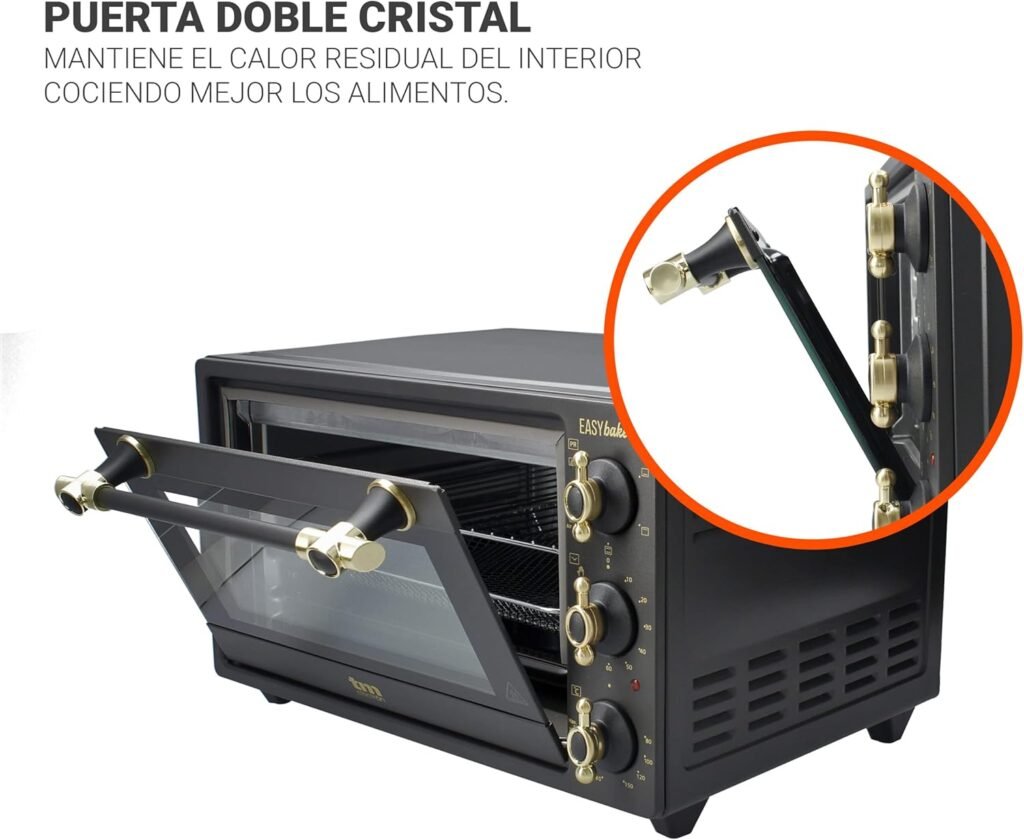 Mini four rétro TM Electron EASYBAKE TMPHO020RAN avec friteuse sans huile, 20 litres, température réglable 80 °C à 250 °C, 5 fonctions, 4 accessoires inclus.