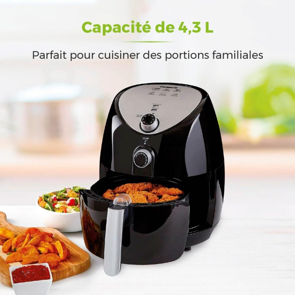 Friteuse Tower T17021 Air Fryer 4,3 L Noir - Friteuse Électrique Familiale avec Minuterie de 60 Minutes, Circulation d'Air Rapide - 1 500 W
