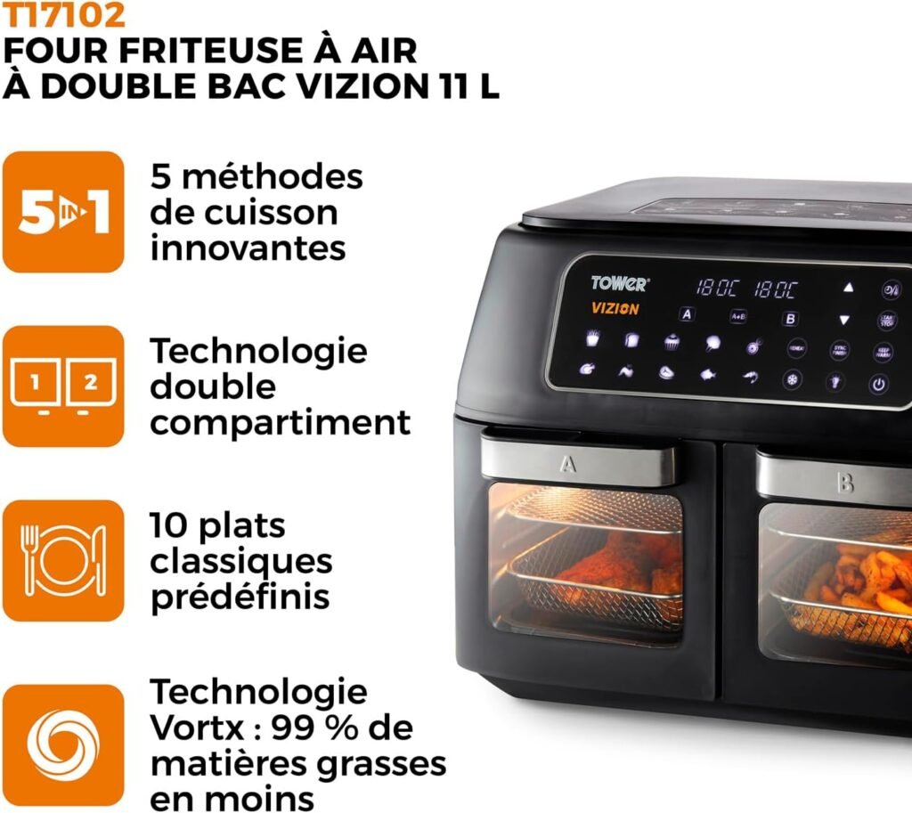 Friteuse à Double Compartiment Tower T17102 Vortx Vizion Air Fryer - Friteuse Avec Écran Tactile Numérique, Capacité de 11 L, Couleur Noir