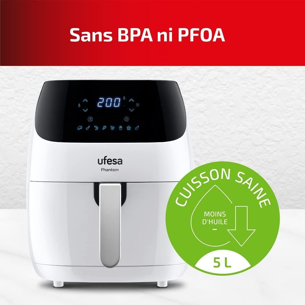 Ufesa AF5100 White Phantom, Friteuse Air Fryer Blanc Air avec WIFI, 5 L, Écran Tactile, 8 Programmes, 1500W, APP avec Recettes, Minuterie et Température Réglable, Cuve et Plateau Antiadhésif