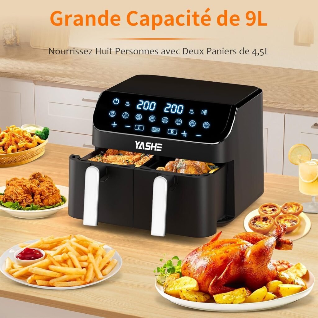 Friteuse à air YASHE avec 2 compartiments, 9L sans huile - Écran tactile LED, circulation d'air 3D rapide, 8 programmes de cuisson, fonctions Smart Finish.