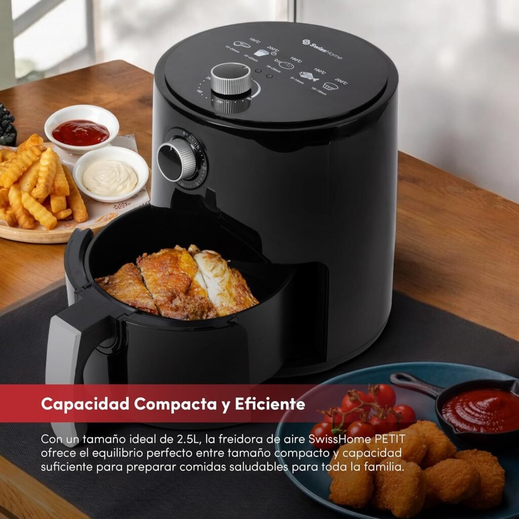 Friteuse à air chaud SwissHome PETIT 2.5L 1200W - Température 80-200°C - Minuterie 30 min - Panier amovible - Friteuse sans huile - Protection contre la surchauffe - Poignée antidérapante