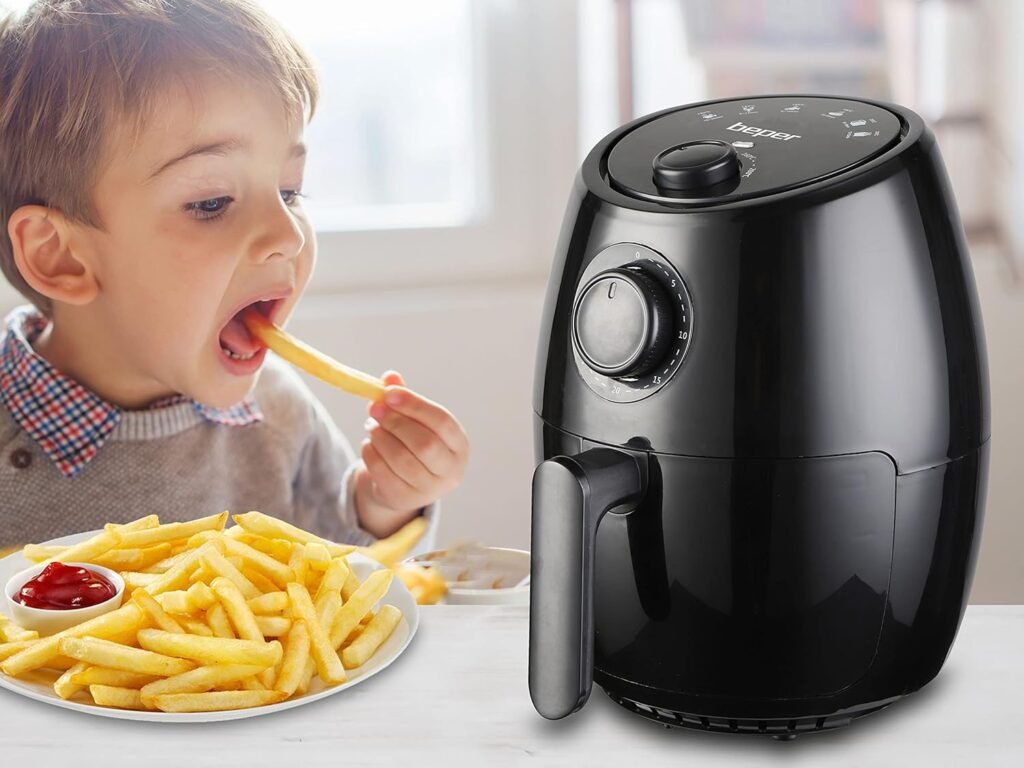 Friteuse à air chaud Beper P101FRI001 sans huile avec minuterie et température réglables, récipient et grille amovibles, capacité de 2 litres, puissance de 1000 W - Noir
