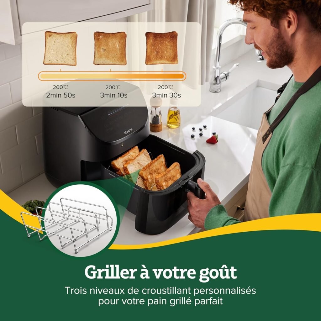 Friteuse à Air CHEFREE AF500, 6.5L avec Sonde de Température, Écran Tactile LED et Vitre d'Observation - 7 Programmes pour une Cuisine Saine avec Moins d'Huile.