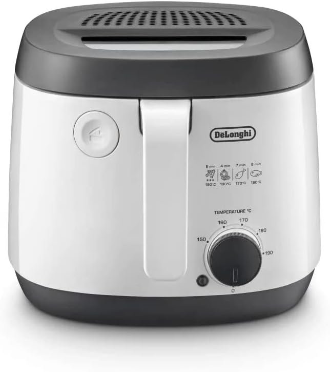 Friteuse De'Longhi FS3061 avec panier amovible et lavable au lave-vaisselle, antiadhésif, thermostat réglable, design compact, capacité 2,3 L, 1 800 W, blanc/gris