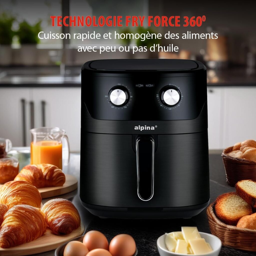 Friteuse Alpina Air Fryer 6L pour 4 à 6 Personnes - Friteuse électrique sans huile avec température réglable - Noir